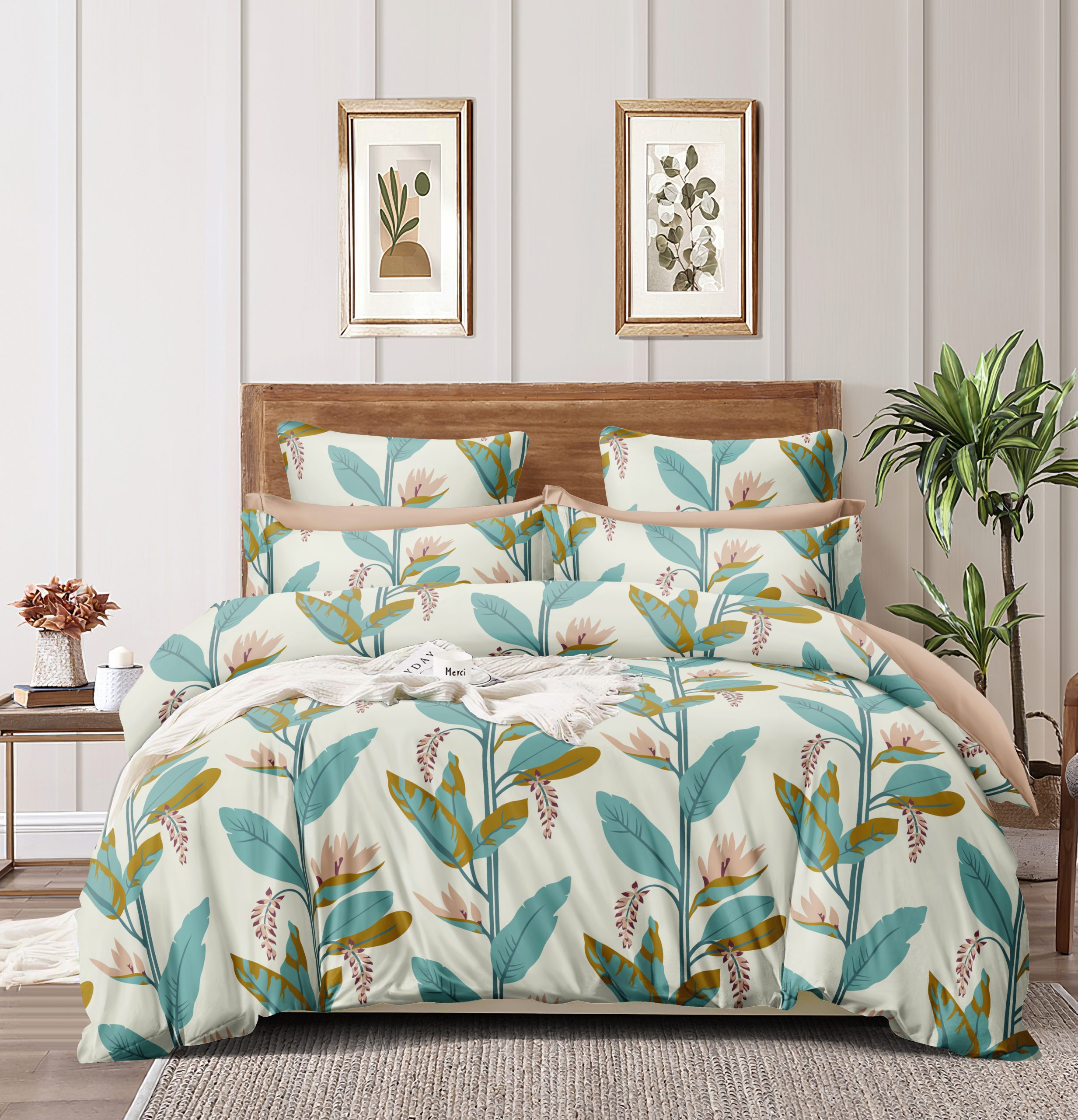 Homewards Teal Green Tropical Double Bed Comforter – Blue-Cream, Ultrasoft Handfeel, Fade Resistant