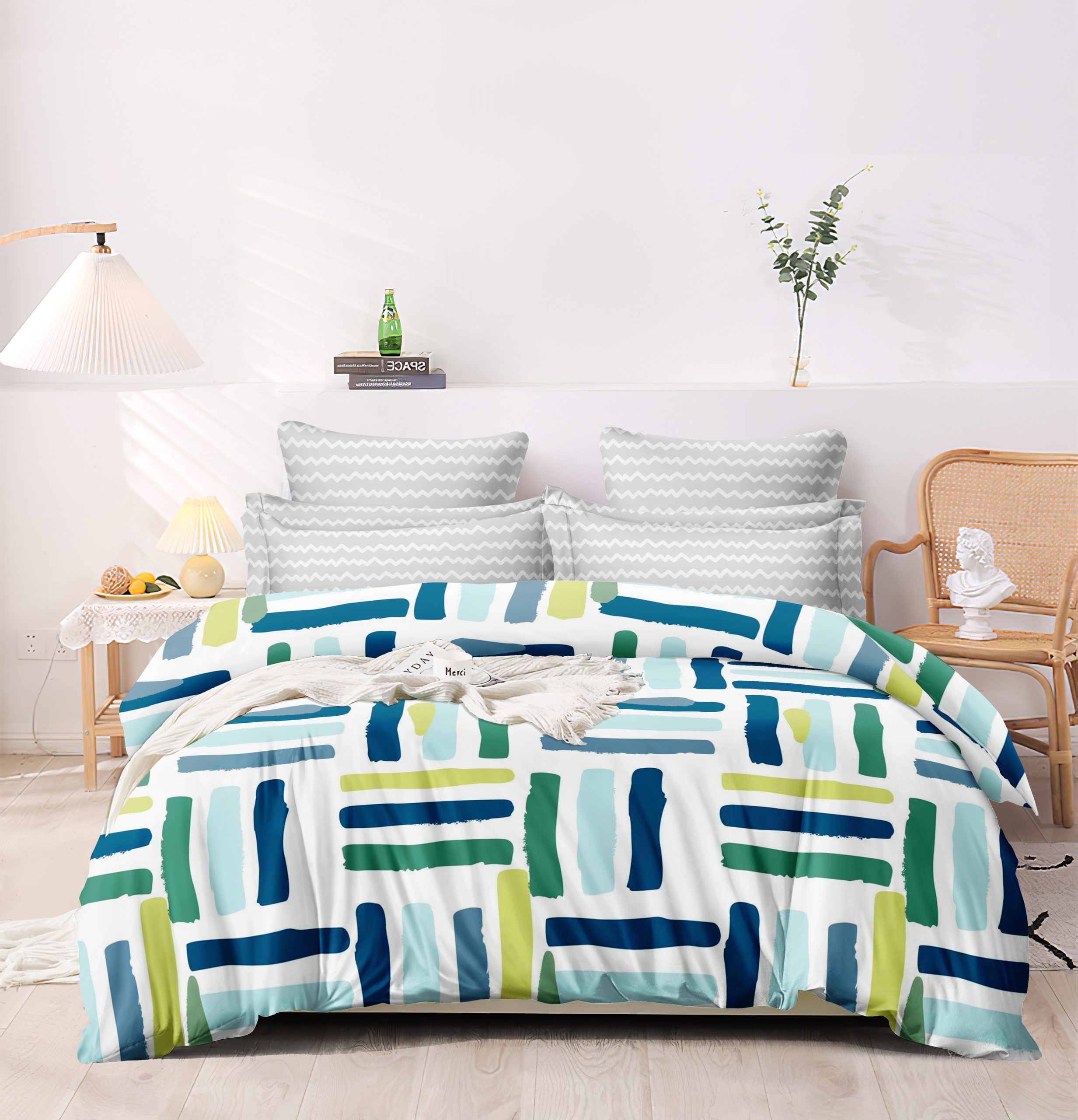 Homewards Geometric Striped Double Bed Comforter – Blue Lemon Yellow