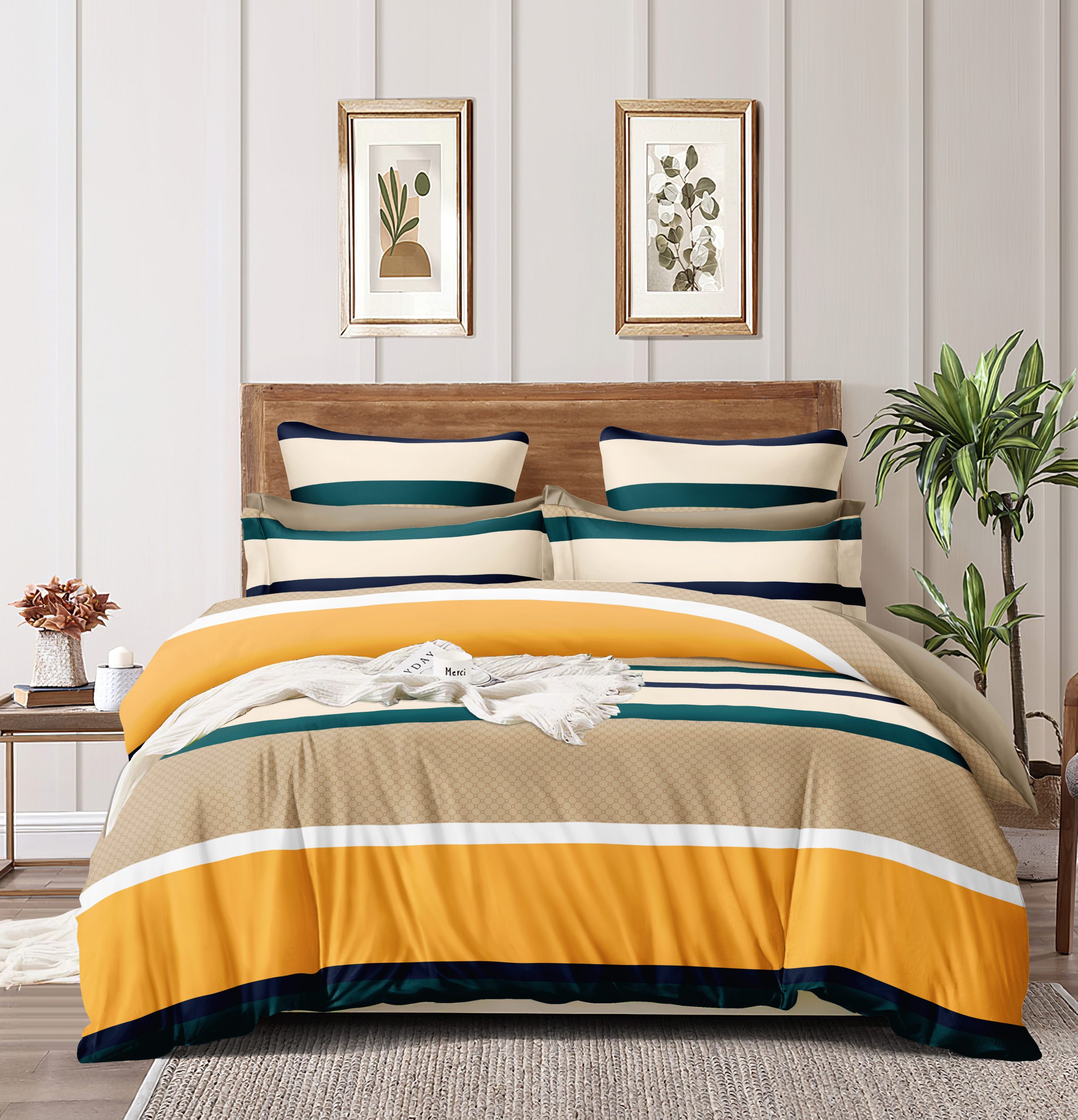 Homewards Striped Double Bed Comforter in Yellow and Turquoise