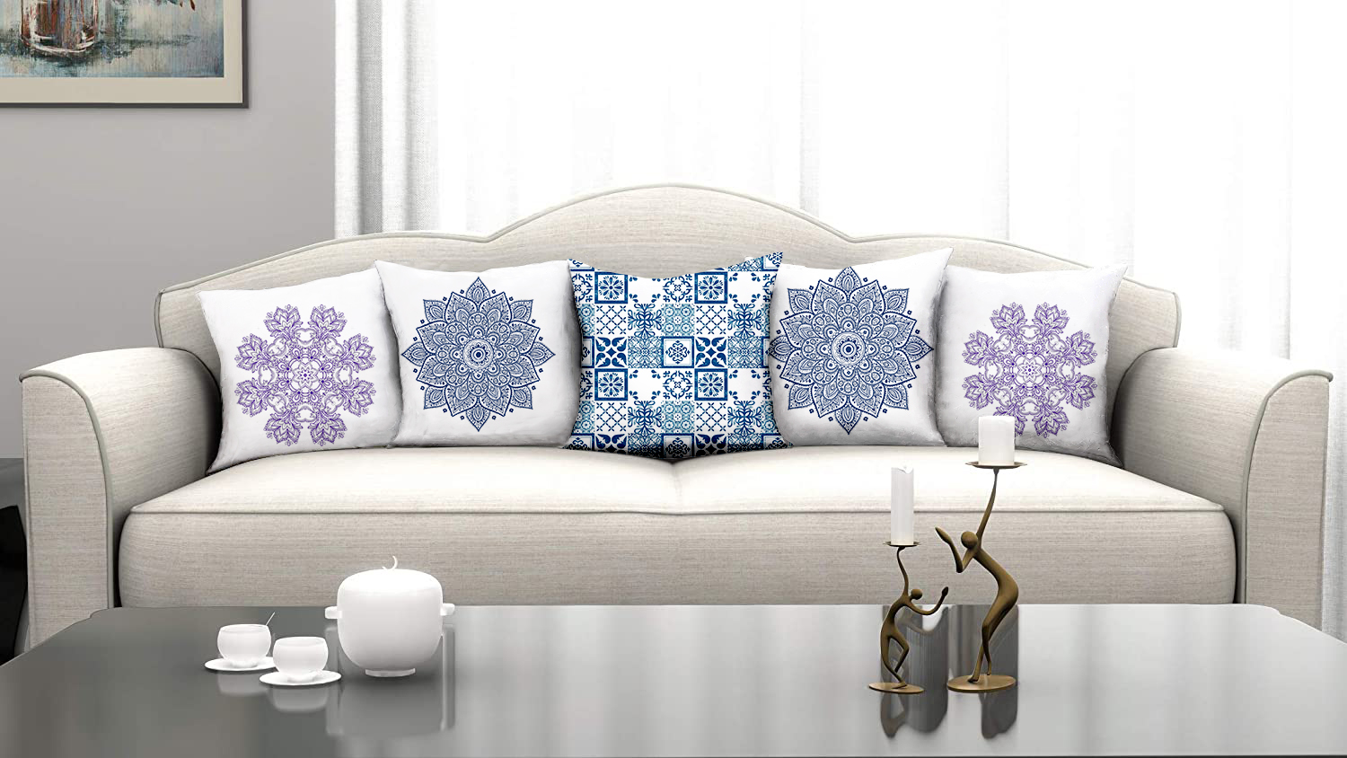Decorative Tile Design Poly satin Cushion Cover set of 5