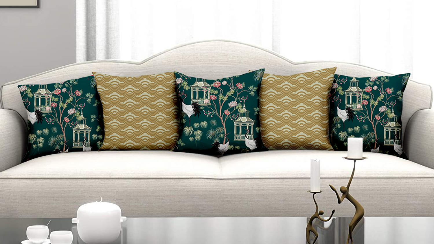 Homewards Crane & Wave Pattern Cushion Cover Set of 5 Poly Satin Green & Beige