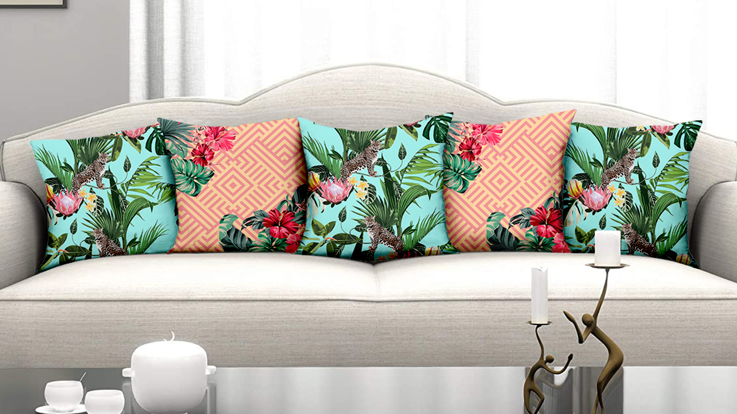 Homewards Bagheera Tropical Cushion Cover Set of 5 – Poly Satin, Sky Blue and Pink