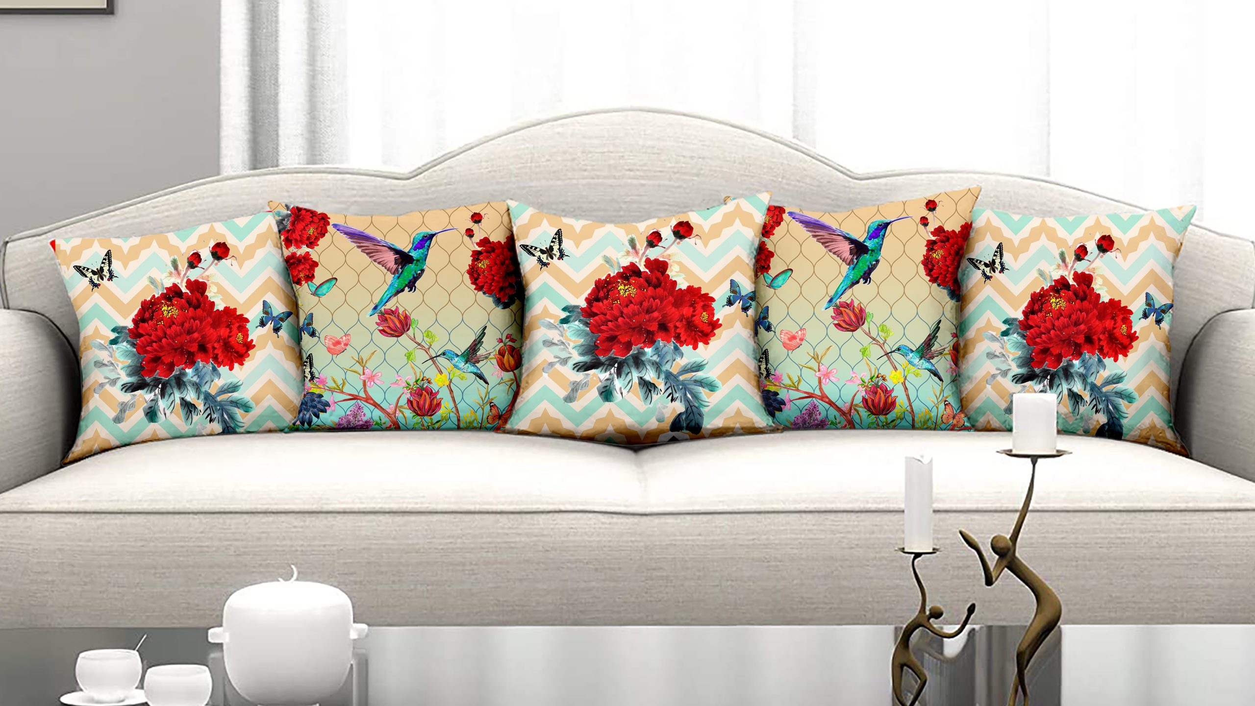 Homewards Humming Bird and Floral Cushion Cover Set of 5 Poly Satin, Multicolor