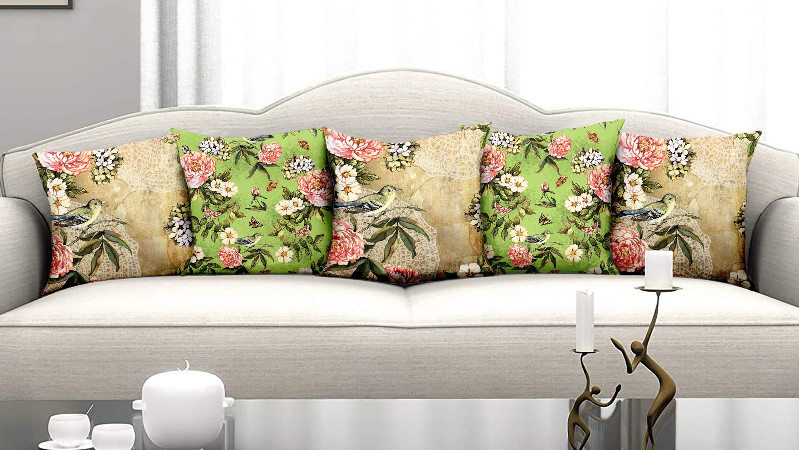 Homewards Bird and Blossom Cushion Cover Set of 5 – Poly Satin, Beige and Green