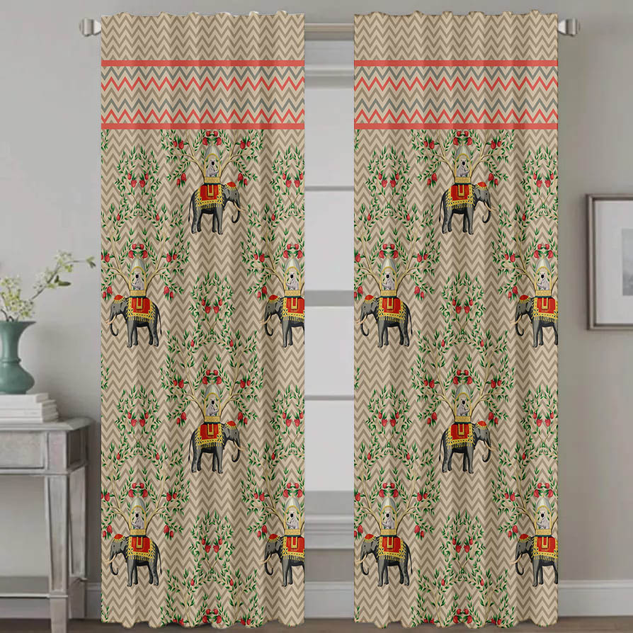 Homewards Elephant design Daylight saving Eyelet Curtain in length 7 ft (set of 2)