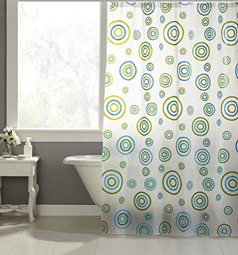 homewards PVC Water Repellent Circular Blue and Green Design Shower Curtain with Hooks
