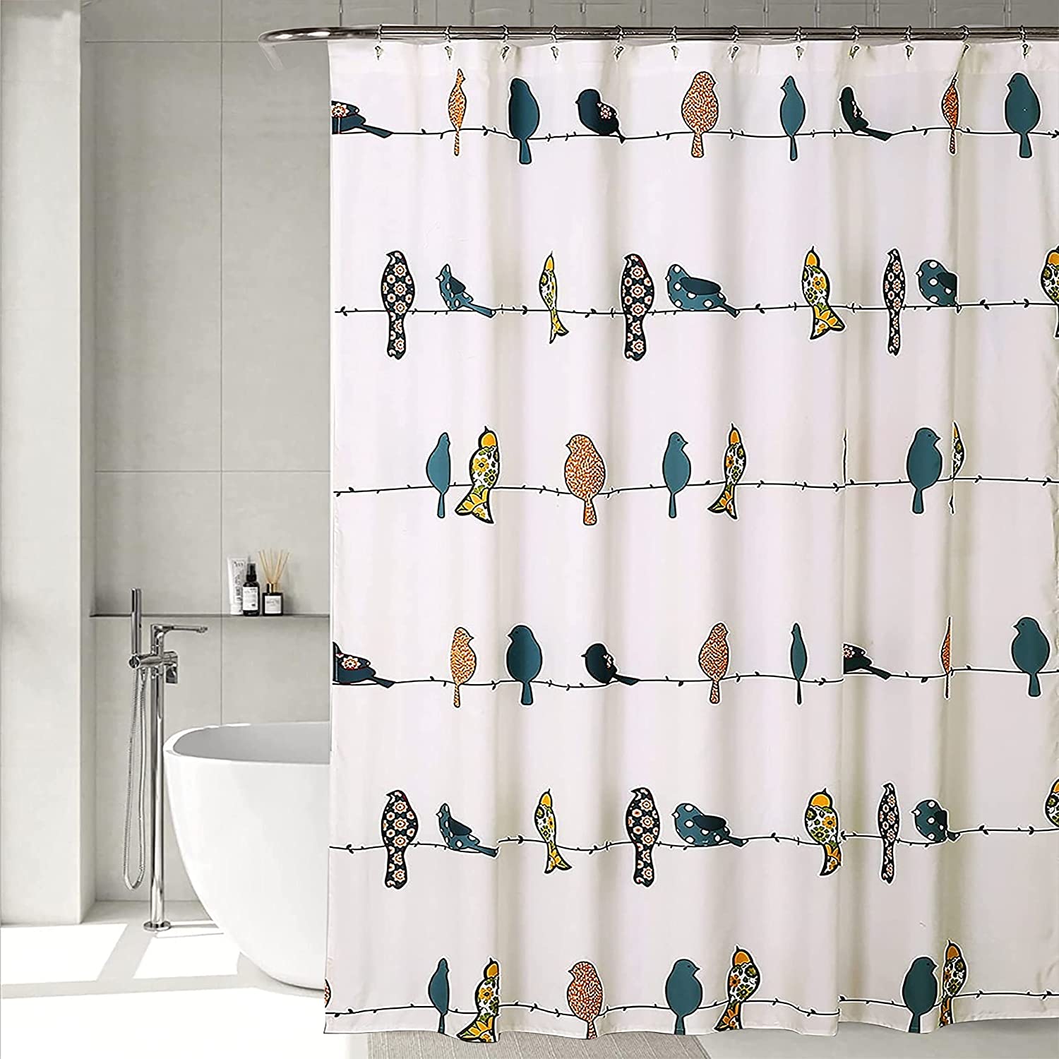 homewards Premium Polyester Birds Design Shower Curtain with 12 Metal Hooks | SS Ball Bearing Rings