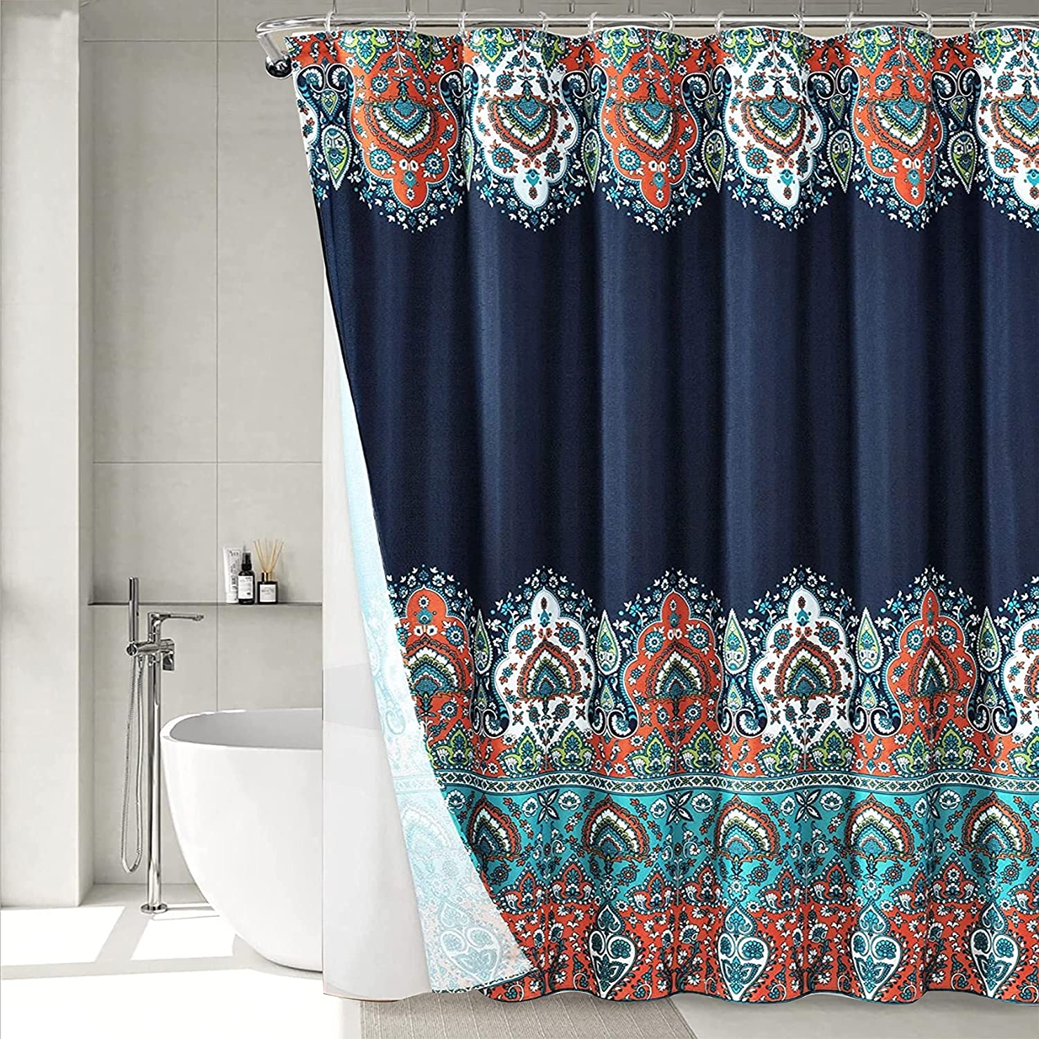 homewards Premium Polyester Royal Blue Floral Design Shower Curtain with 12 Metal Hooks | SS Ball Bearing Rings