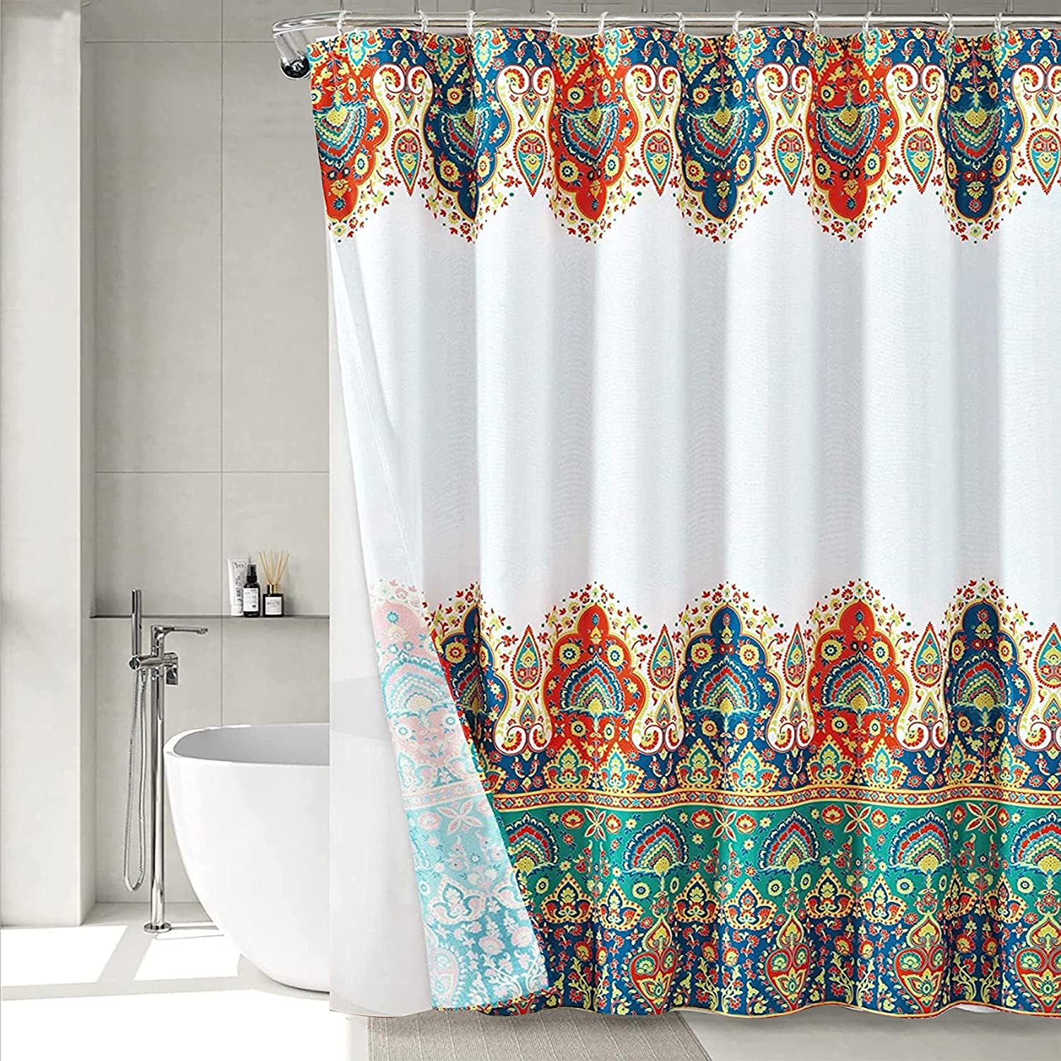 homewards Premium Polyester Floral Design Shower Curtain with 12 Metal Hooks | SS Ball Bearing Rings