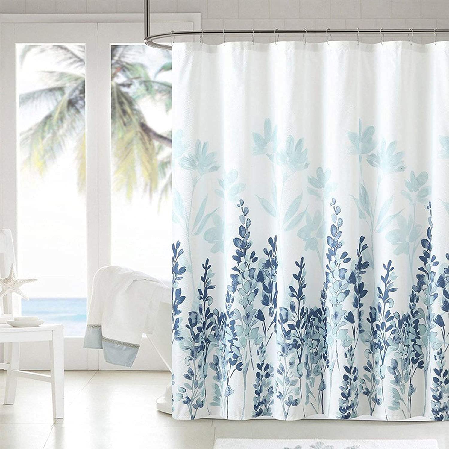 homewards Polyester Blue Floral Design Shower Curtain with 12 Hooks