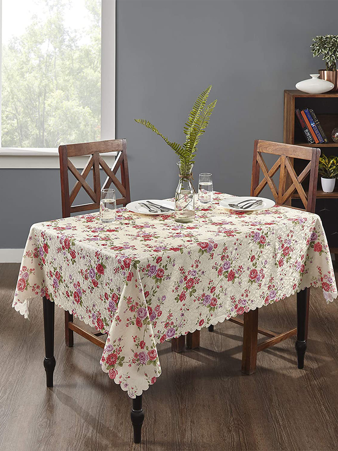 homewards Ivory Premium Digitally Printed Floral Design Polyester 6 Seater Rectangle Table Cover