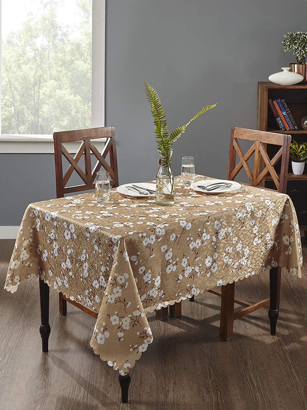 homewards Light Brown Shade Premium Digitally Printed Floral Design Polyester 6 Seater Rectangle Table Cover