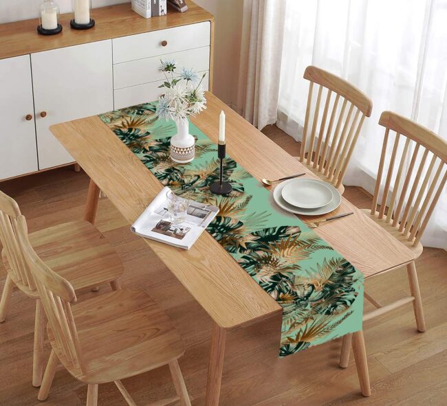 Homewards Green and Golden Tropical Leaves Design Table Runner