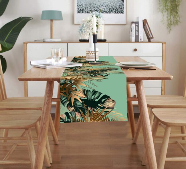 Homewards Green and Golden Tropical Leaves Design Table Runner - Image 2