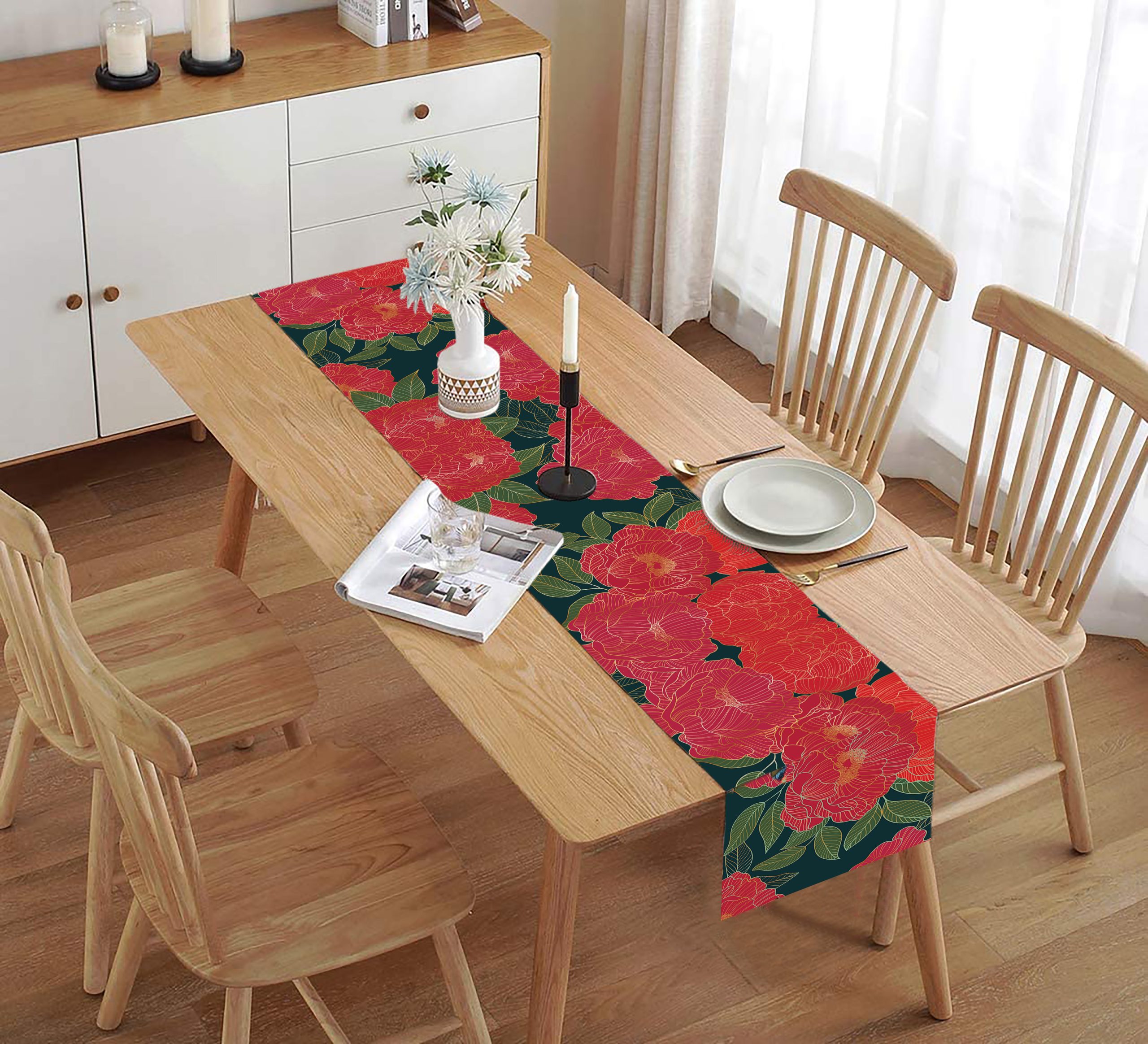Homewards Green and Red Peony Flower Design Table Runner