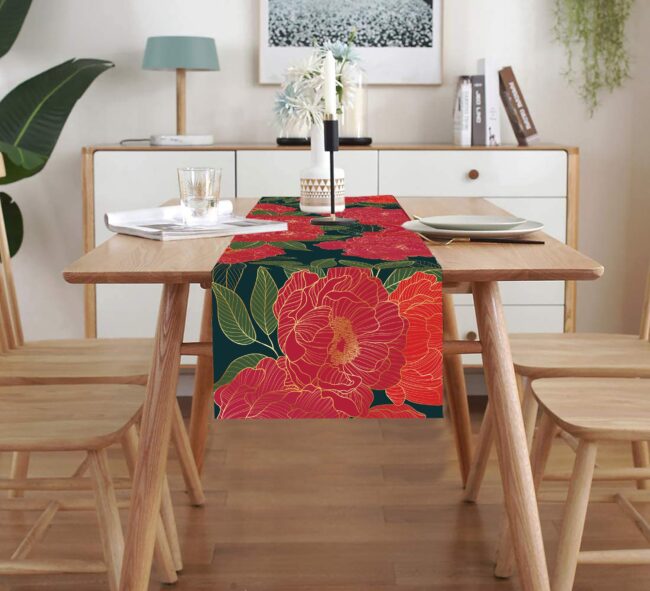 Homewards Green and Red Peony Flower Design Table Runner - Image 2