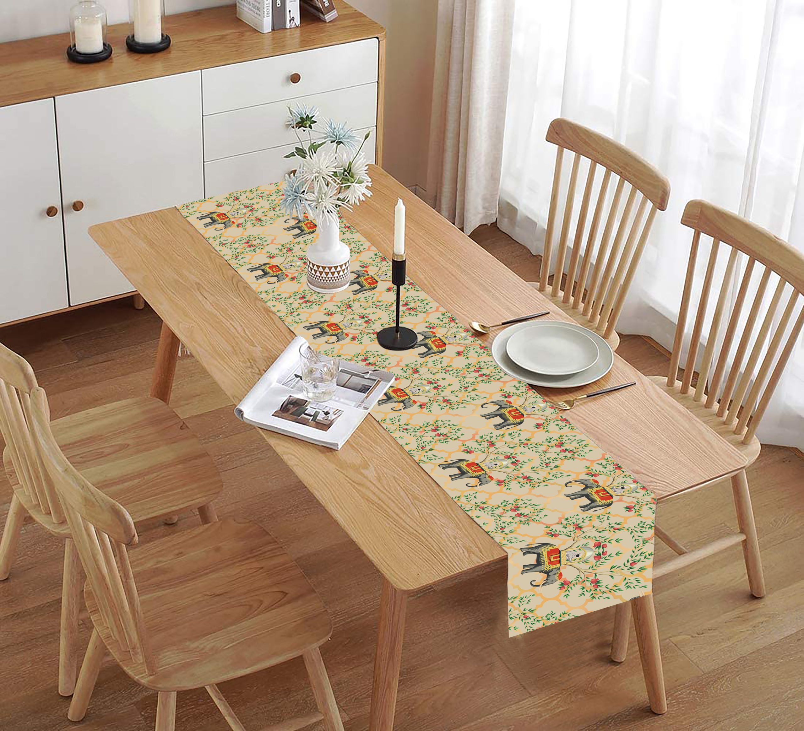 Homewards Beige Decorated Elephant and Monkey Printed Polycanvas Table Runner