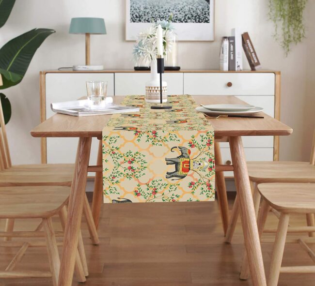 Homewards Beige Decorated Elephant and Monkey Printed Polycanvas Table Runner - Image 2