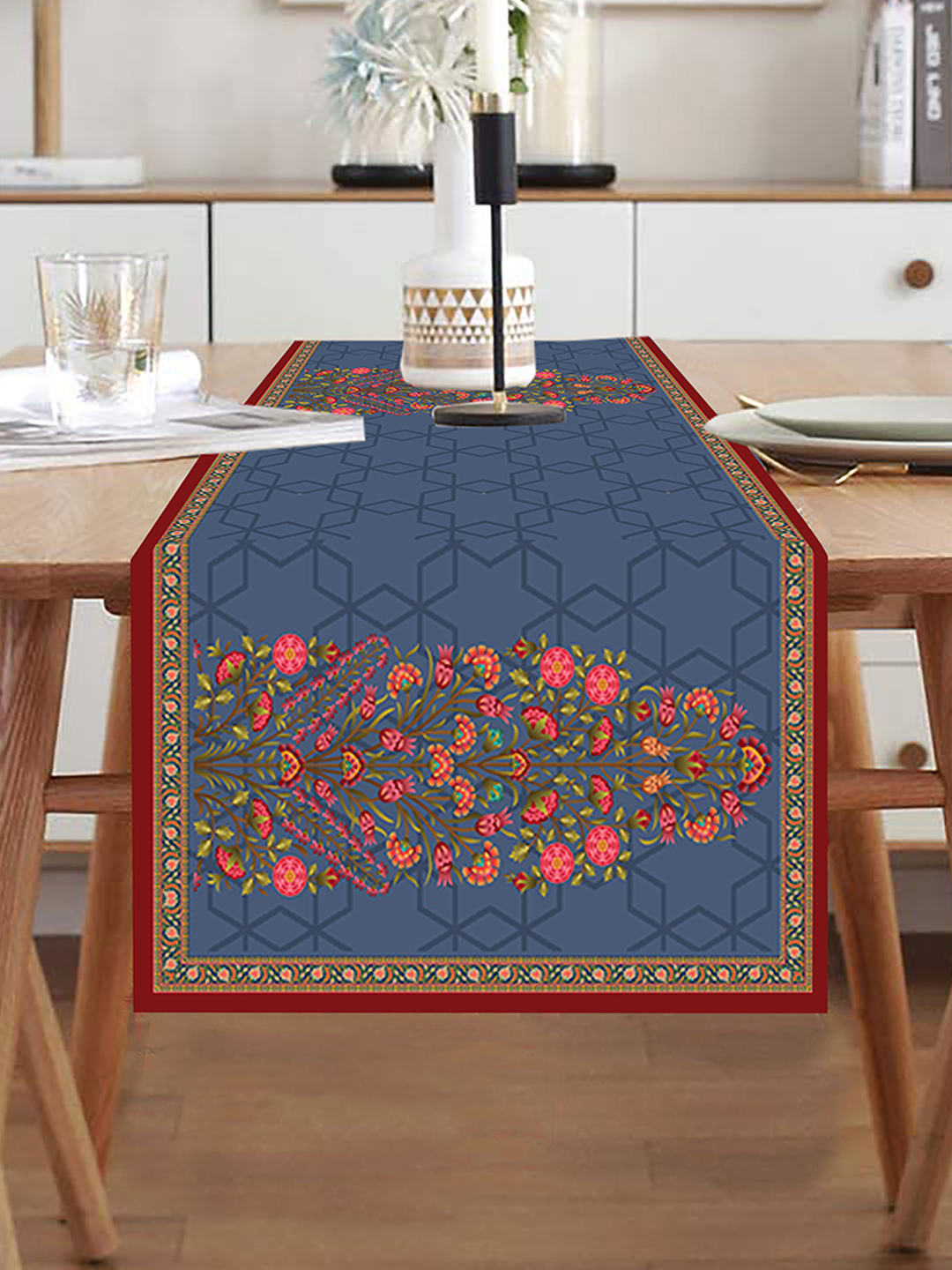 Homewards Mughal Motif with Floral Border Table Runner Navy Blue