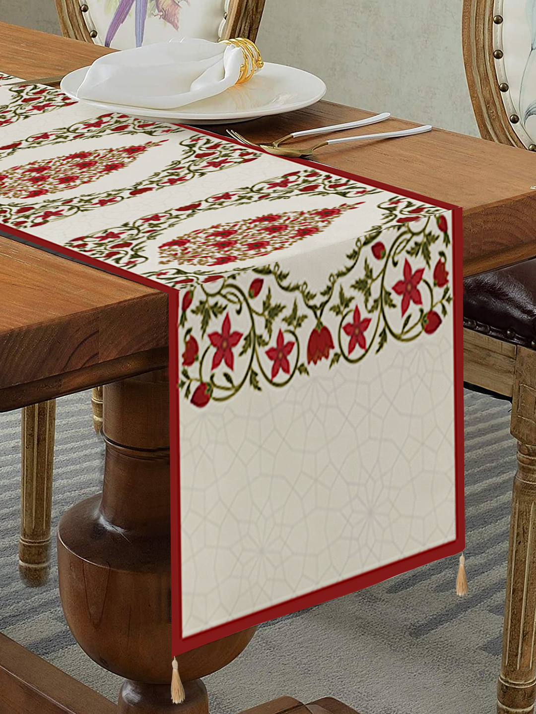 Homewards Ornate Leaf Table Runner with Tassels in Polyvelvet